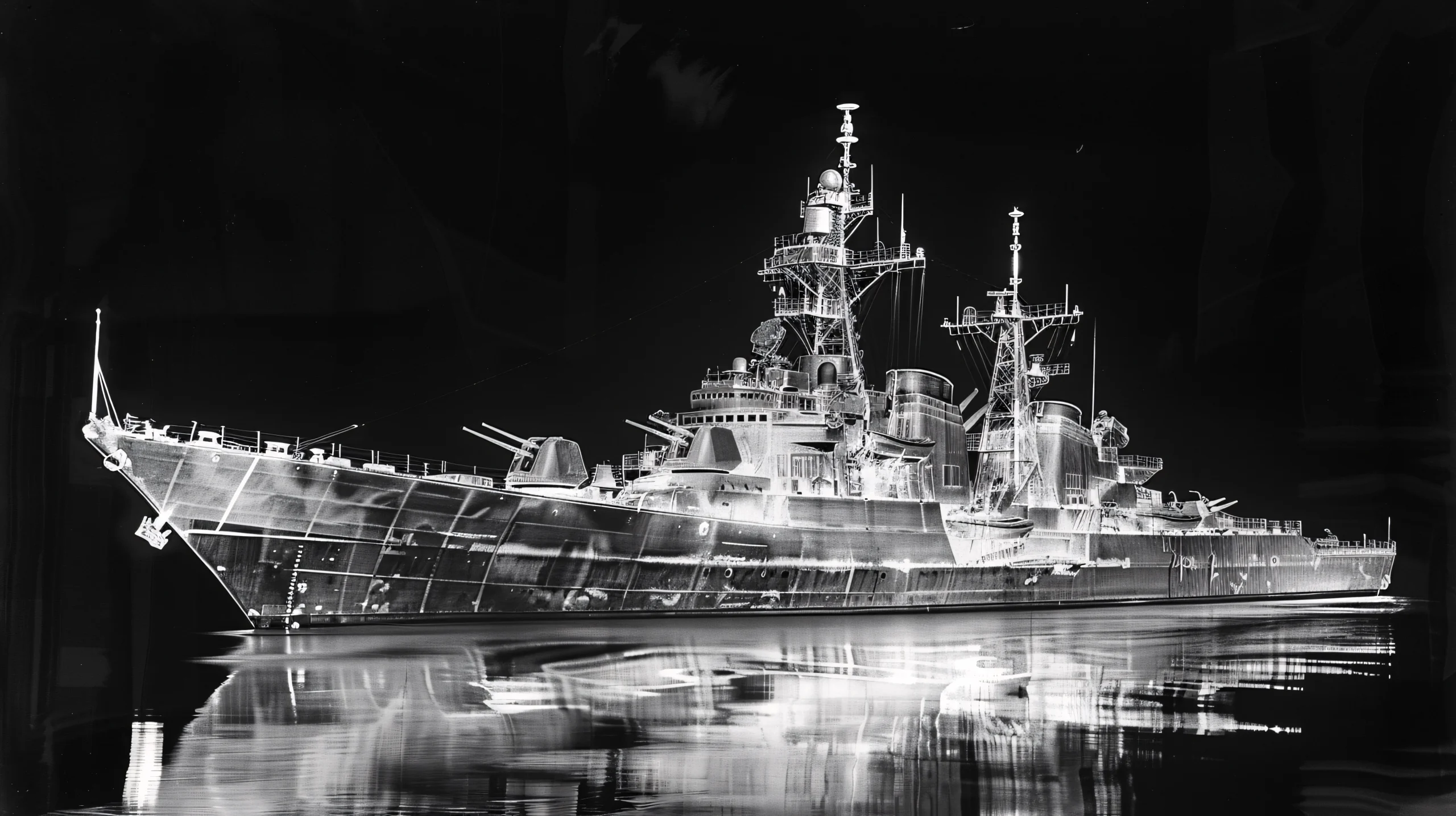 Naval destroyer moored at night, hull plating and superstructure picked out in high-contrast monochrome