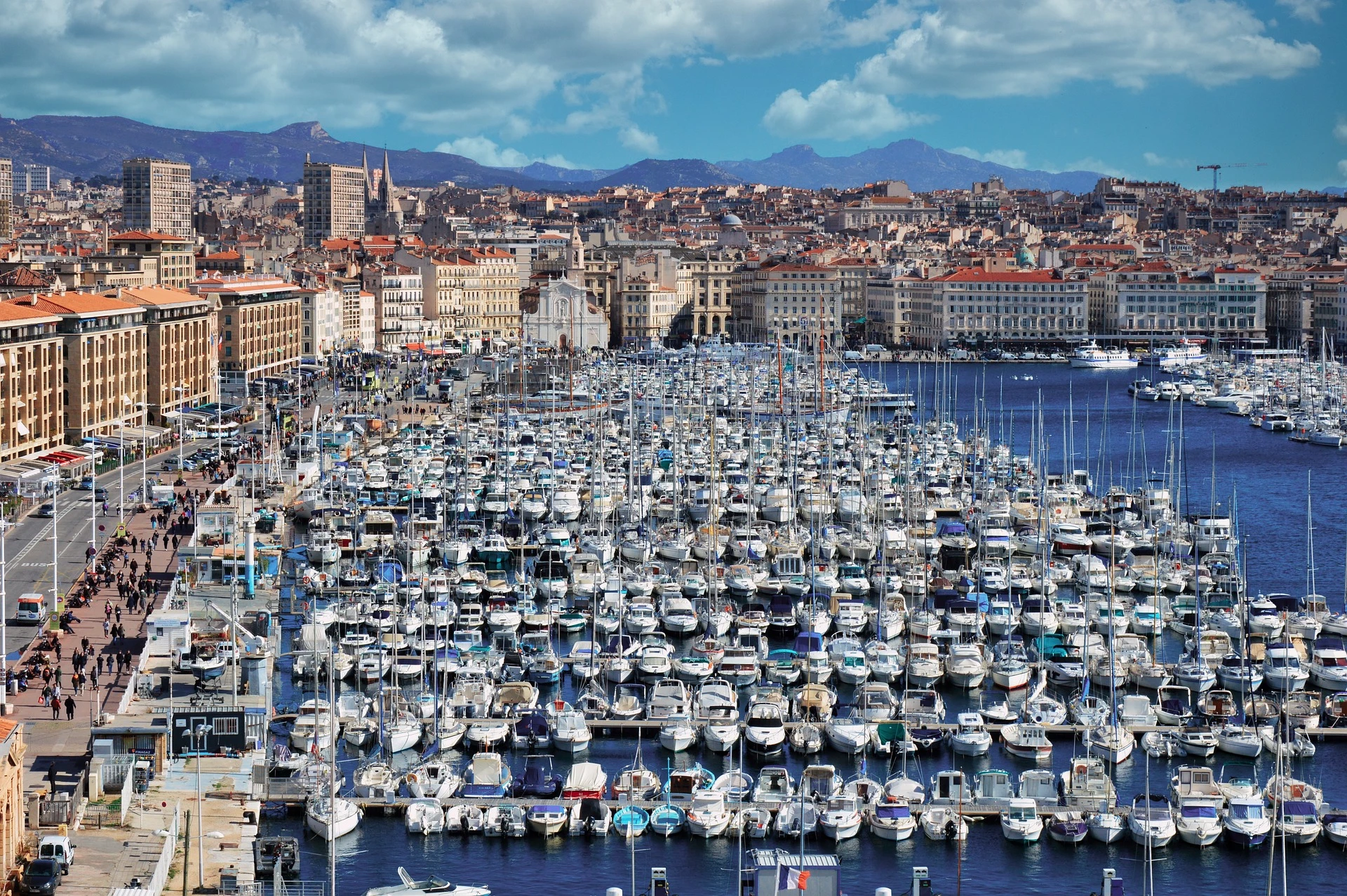 Dense marina berths lined with masts on the French Mediterranean coast